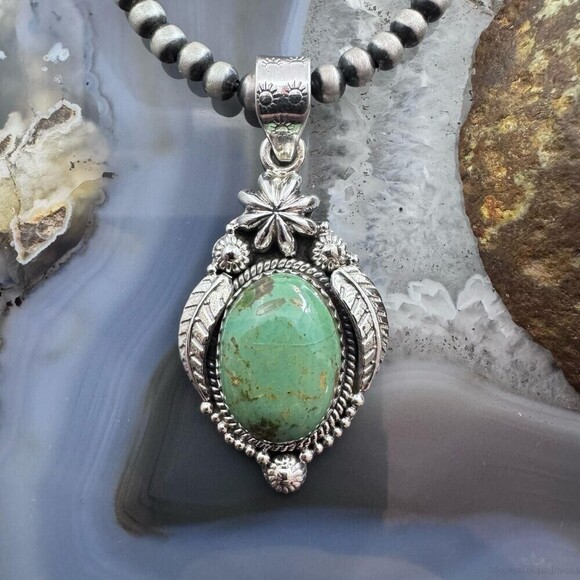 Sterling Southwestern Style Oval Turquoise leaves Decorated Pendant For Women - Picture 1 of 10